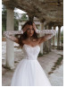 Strapless White Lace Tulle Twinkling Wedding Dress With Removable Sleeves